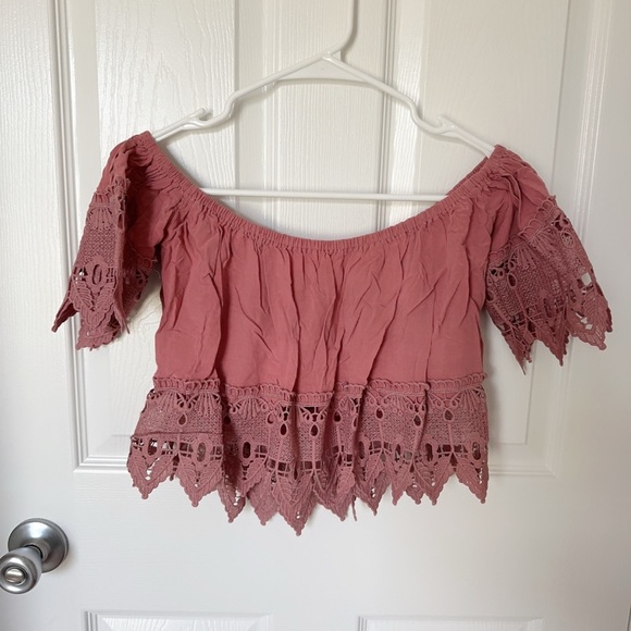 iris Tops - Iris Pink Off-the-Shoulder Ruffled Crop Blouse